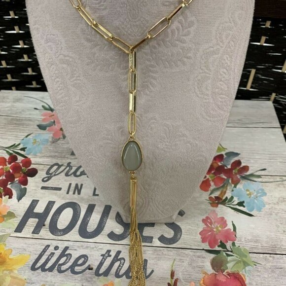 Halogen Stone Y-Drop Tassel Oval Link Necklace - Picture 1 of 7